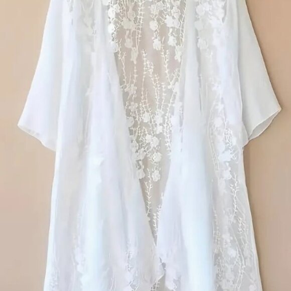 Floral Pattern White Lace Splicing Blouse, Open Front Cover Up Kimono Women 1X - Picture 12 of 13